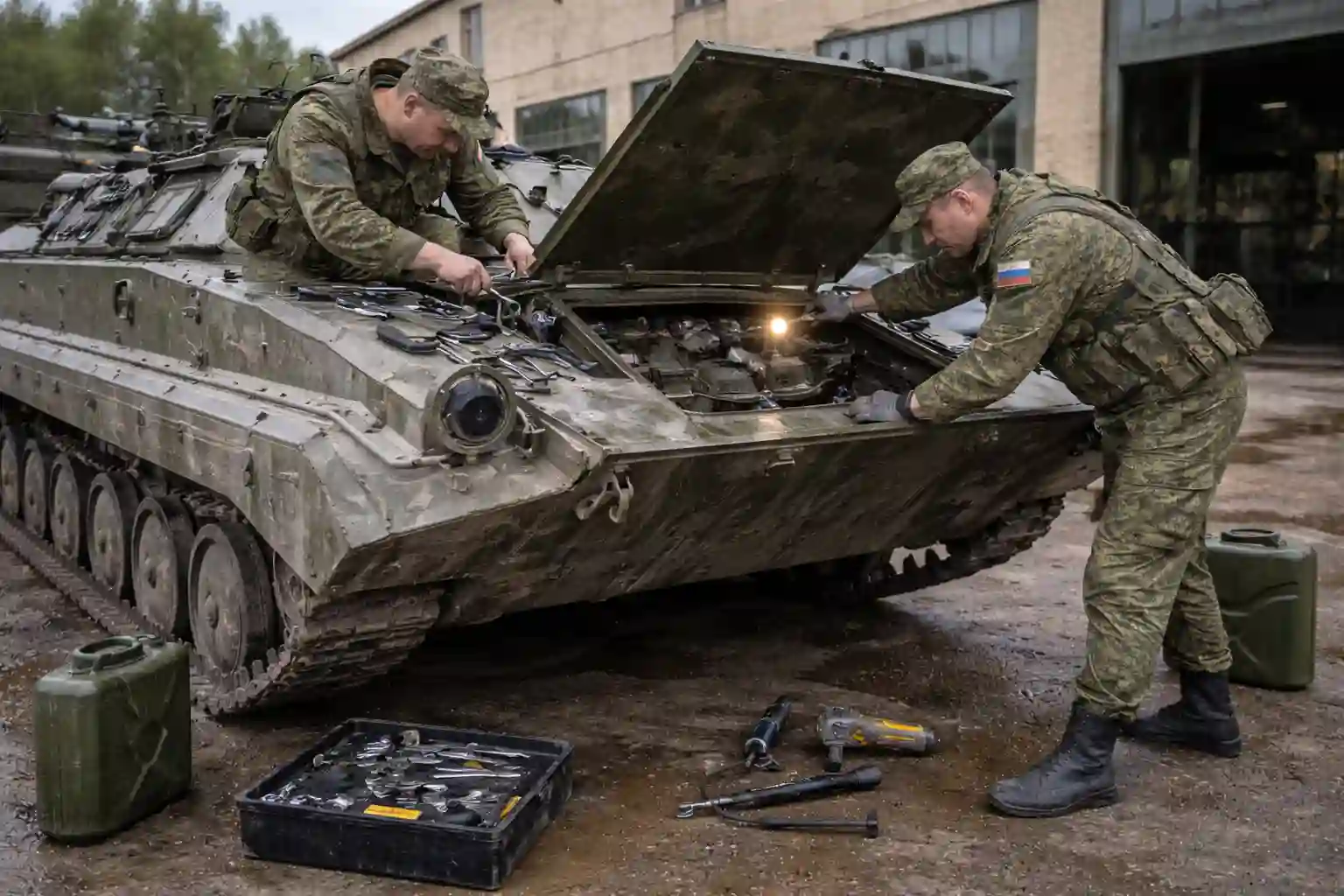 Полевой ремонт БМП рембатом в зоне СВО — работа слесарей