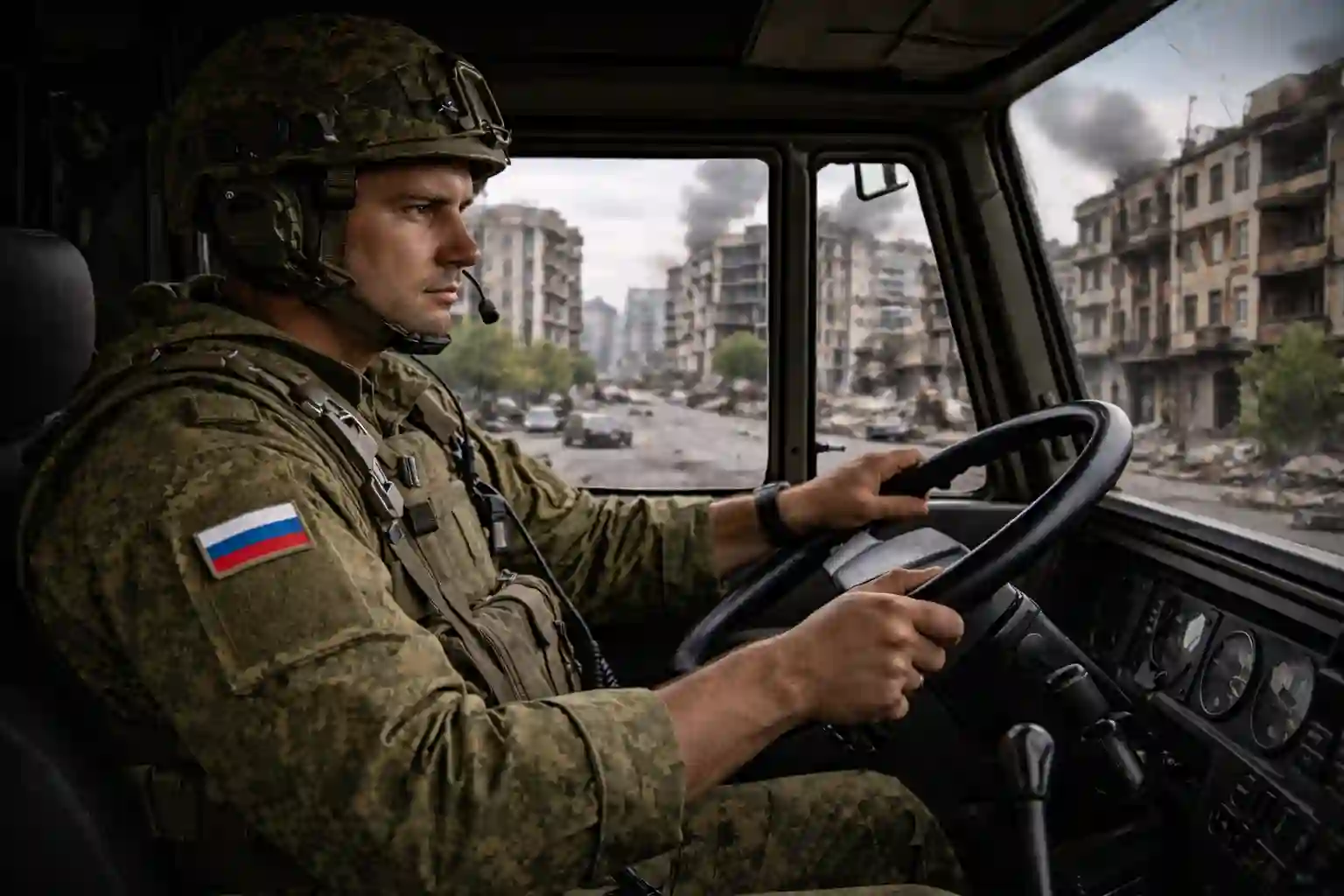 Водитель управляет военным грузовиком на СВО